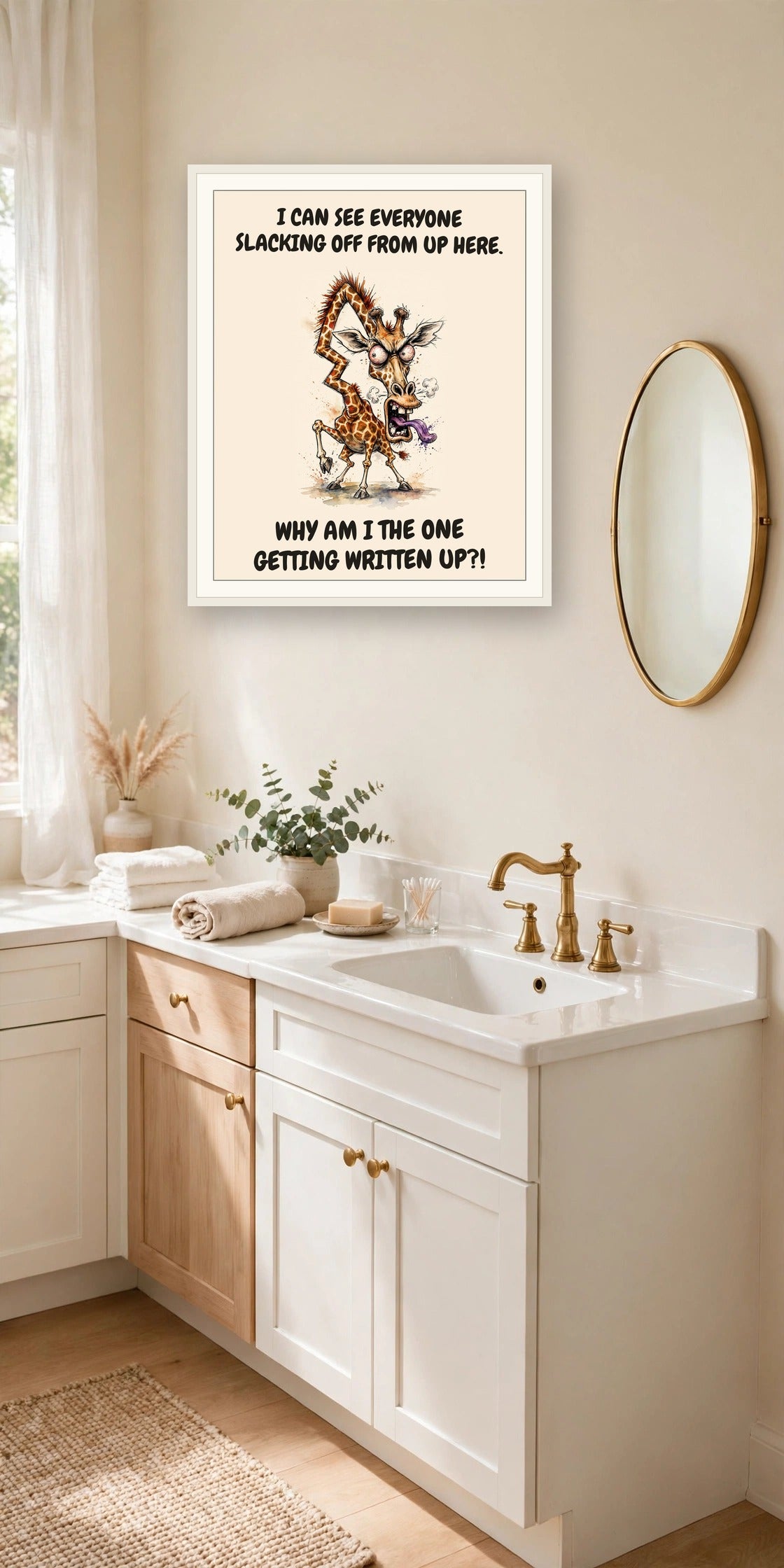 The same print shown hanging in an office — frame for display only, not included