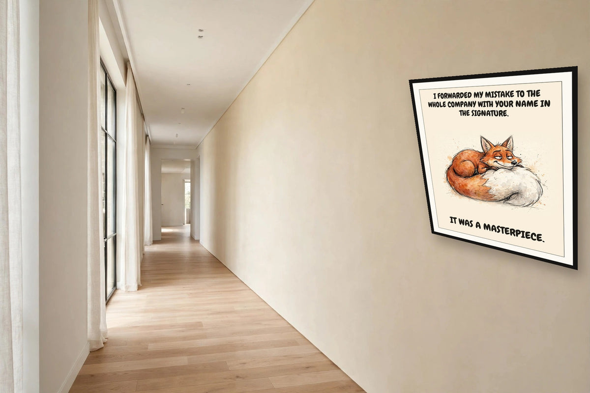 The same print shown hanging in an office — frame for display only, not included