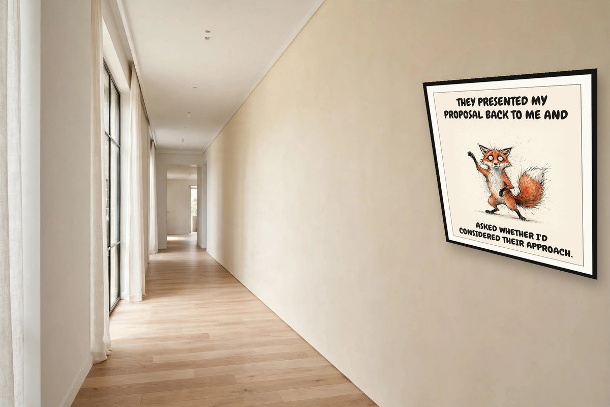The same print shown hanging in an office — frame for display only, not included