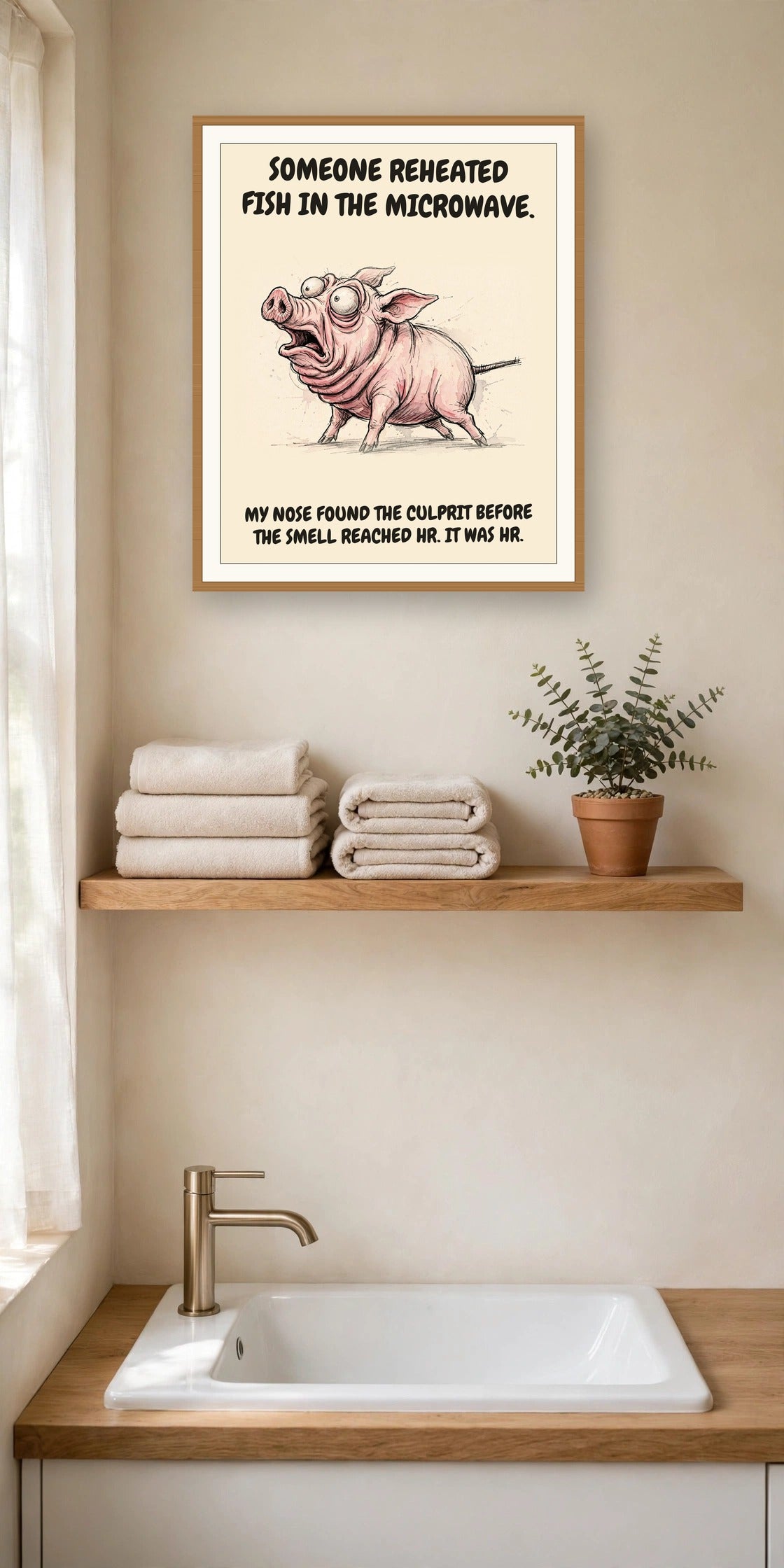 The same print shown hanging in an office — frame for display only, not included