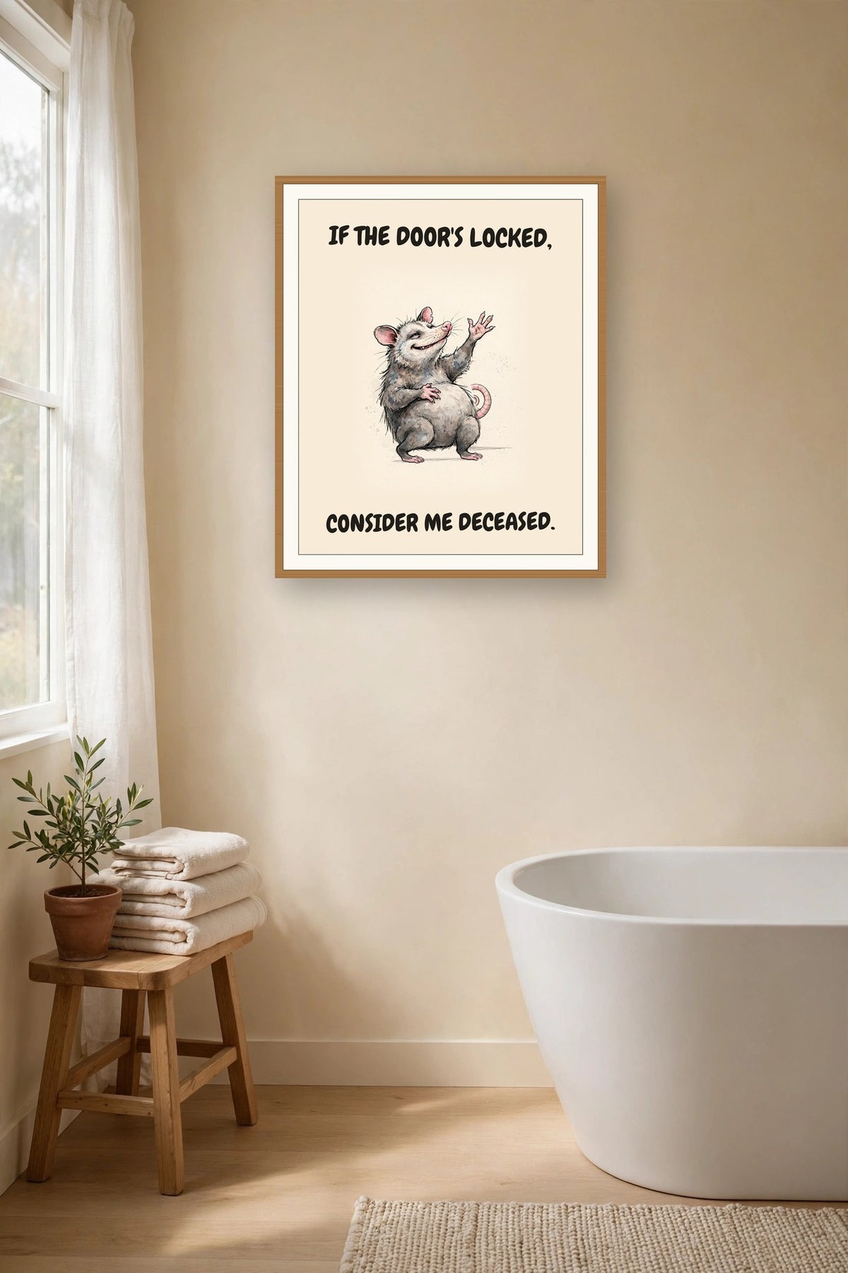 The same print shown hanging in a bathroom — frame for display only, not included