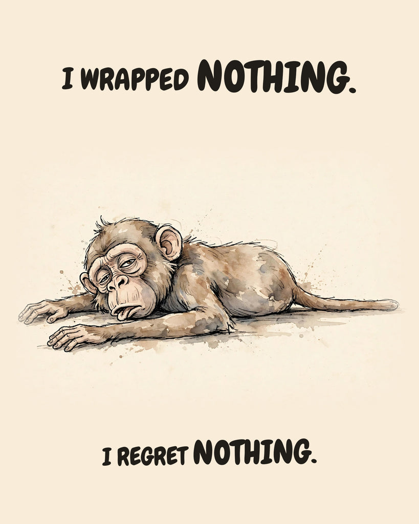 Watercolor illustration of a monkey lying flat on its belly with arms sprawled forward, chin on the ground, tongue lolling and eyes barely open, on warm cream. Text above and below reads 'I WRAPPED NOTHING. I REGRET NOTHING.'