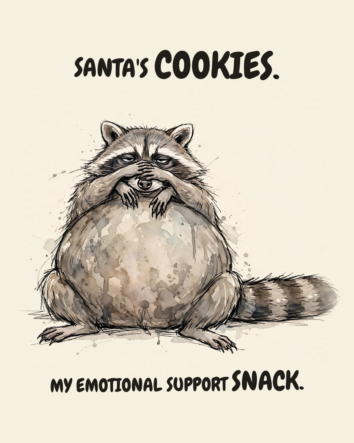 Watercolor illustration of an exhausted raccoon with a huge round belly covering its face with its paws, one ringed tail beside it, on a warm cream background
