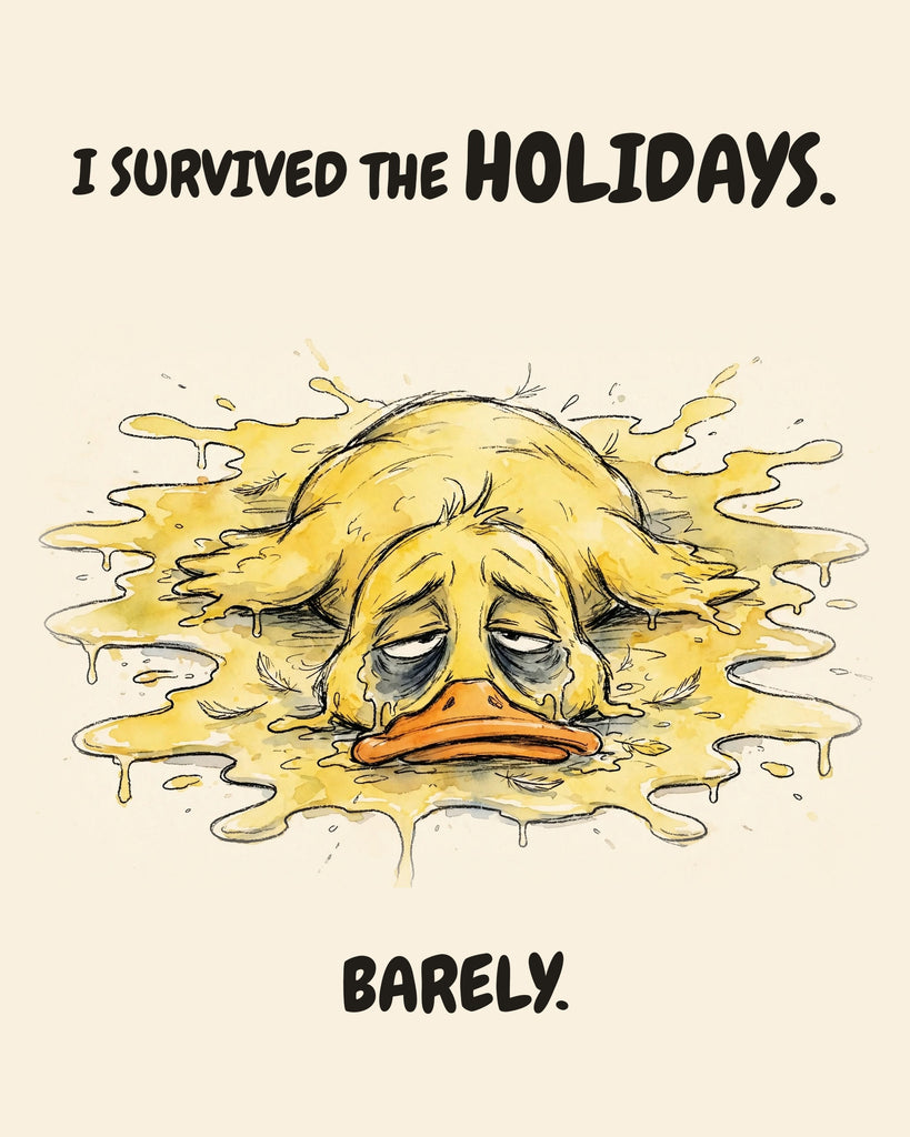 Watercolor illustration of a yellow duck melted into a splattered puddle, face flat to the ground with huge dark rings under its half-closed eyes and a flattened orange bill, on warm cream. Text above and below reads 'I SURVIVED THE HOLIDAYS. BARELY.'